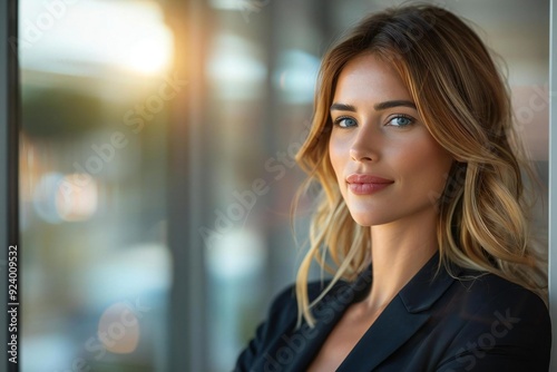 Beautiful businesswoman looking out of a window from an office building.