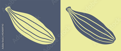 Cardamom. Two silhouettes of cardamom fruits isolated on black and pistachio backgrounds. Vector illustration of spice pods, for logo, icon, tattoo,  cardamom product packaging design.