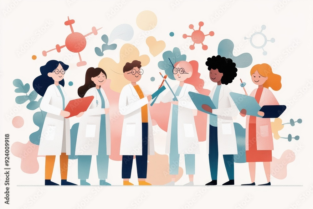 Creative Collaboration: Diverse Scientists in Hand-Drawn Vector Illustration Working on Colorful Research Project Creative Collaboration: Diverse Scientists in Hand-Drawn Vector Illustration Working on Colorful Research Project