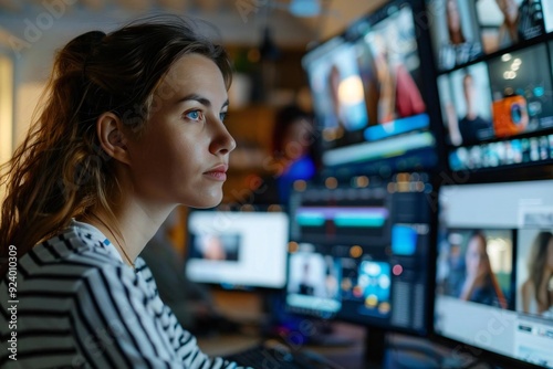 beautiful female editor works on multiple screens designing graphics and photos on her computer in the office.