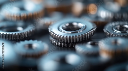 This photograph captures an intricate arrangement of various interlocking gears, highlighting the complexity and precision of mechanical and industrial engineering. photo