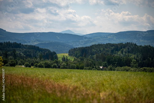 Idyllic summer landscape with layers of forested hills, a green valley, and a distant mountain under a cloudy blue sky. Peaceful countryside scenery perfect for themes of relaxation and eco-tourism.