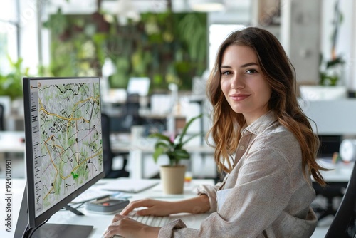 Beautiful businesswoman analyzing cadastre map on computer in the office, surrounded by digital devices and tools.