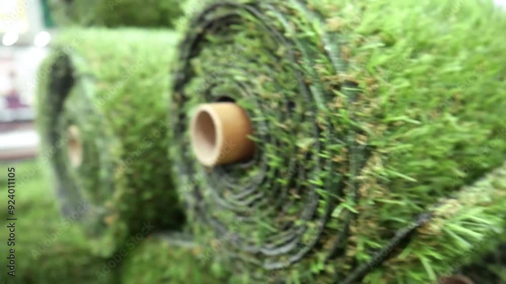 Close-up of many artificial turf rolls