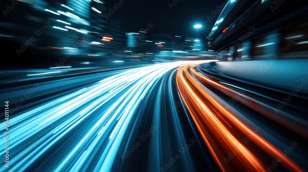 An energetic urban cityscape at night, captured with long exposure to show colorful light trails from fast-moving traffic amidst nighttime city lights. An energetic urban cityscape at night, captured with long exposure to show colorful light trails from fast-moving traffic amidst nighttime city lights.