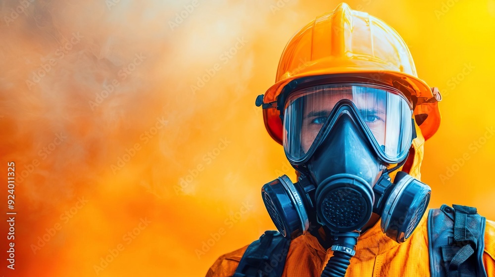 Close-up of a firefighter adjusting the breathing apparatus before entering a smoke-filled building for a rescue mission. Close-up of a firefighter adjusting the breathing apparatus before entering a smoke-filled building for a rescue mission.