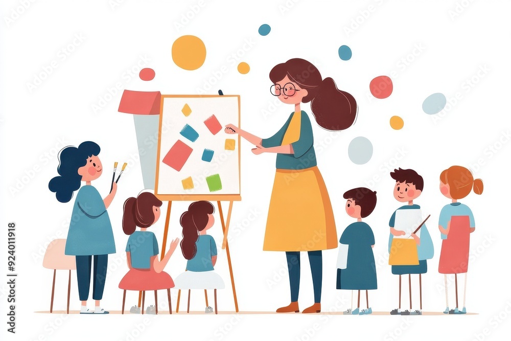 Creative Teacher Inspiring Students in Vibrant Art Class - Hand-Drawn Vector Illustration of Educational Occupation Creative Teacher Inspiring Students in Vibrant Art Class - Hand-Drawn Vector Illustration of Educational Occupation