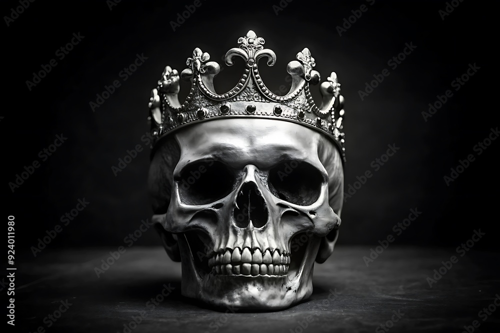 still life portrait of a skull wearing a golden crown, against a black background. still life portrait of a skull wearing a golden crown, against a black background.