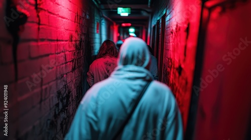 A group of people walks down a dark, eerie corridor illuminated by red lights, evoking a sense of mystery and suspense in the dim, foreboding setting.