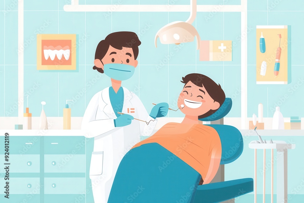 Friendly Dentist Treating Patient in Vibrant Clinic - Hand-Drawn Vector Illustration of Medical Occupation Friendly Dentist Treating Patient in Vibrant Clinic - Hand-Drawn Vector Illustration of Medical Occupation