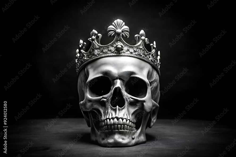 still life portrait of a skull wearing a golden crown, against a black background.