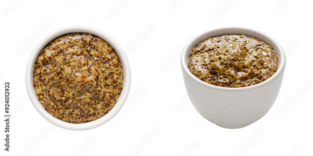 Mustard in a white bowl on white background. Top and front view. Mustard in a white bowl on white background. Top and front view.