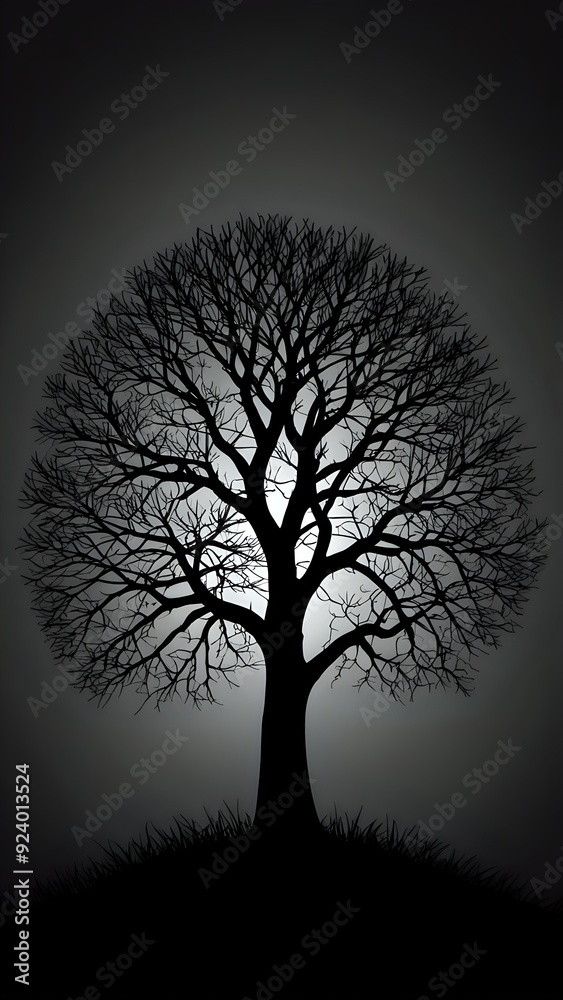 It's a silhouette of a tree against a gray sky. The tree has a round, full shape and its branches are thin. It's a silhouette of a tree against a gray sky. The tree has a round, full shape and its branches are thin.