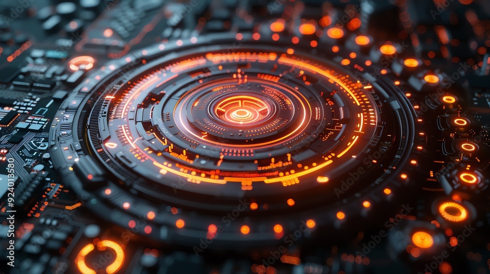 Futuristic digital interface with a central circular element with motherboard or electronic system background Futuristic digital interface with a central circular element with motherboard or electronic system background