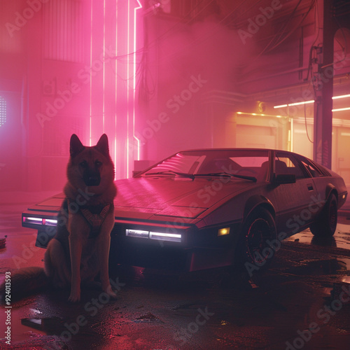 Neon a cyberpunk car and a dog the futures companions