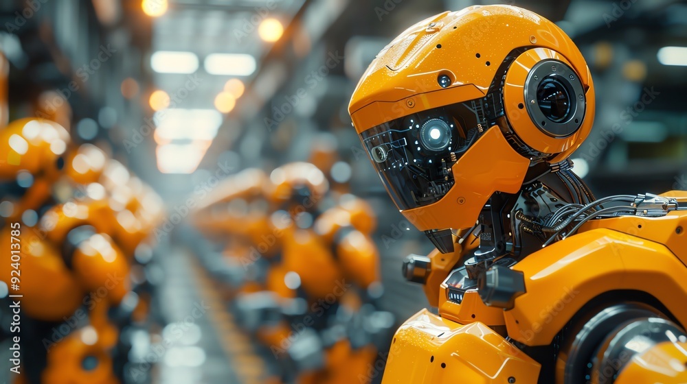 Orange robots assembling in a factory, hightech manufacturing environment, futuristic and precise Orange robots assembling in a factory, hightech manufacturing environment, futuristic and precise