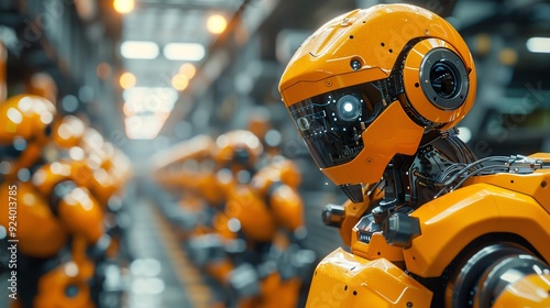 Orange robots assembling in a factory, hightech manufacturing environment, futuristic and precise