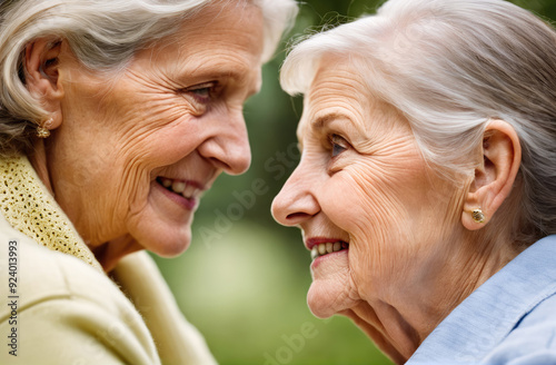 Two Senior Women Enjoying a Joyful Moment Together in a Green Park During Sunrise