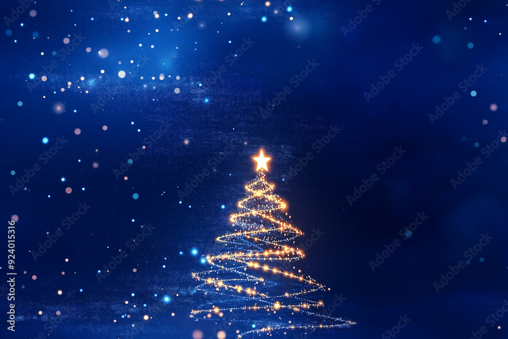 A minimalistic Christmas tree pattern in glowing golden lights on a deep blue background. The design evokes warmth and festive charm. A minimalistic Christmas tree pattern in glowing golden lights on a deep blue background. The design evokes warmth and festive charm.