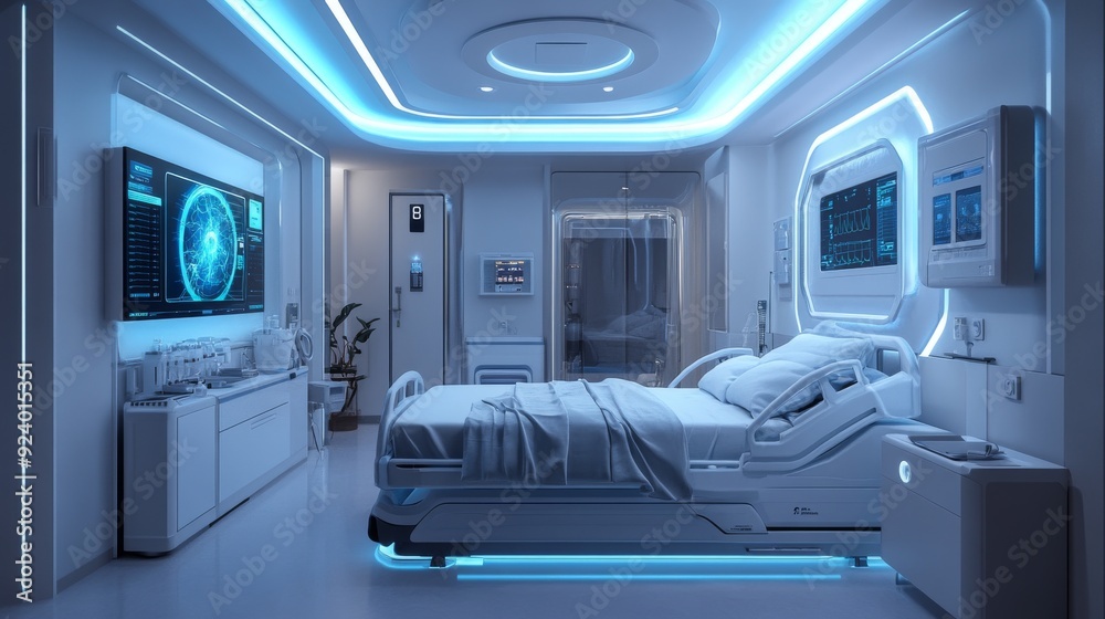Futuristic Intensive Care Unit with AI Integration: An ICU equipped with AI for enhanced patient care. Futuristic Intensive Care Unit with AI Integration: An ICU equipped with AI for enhanced patient care.