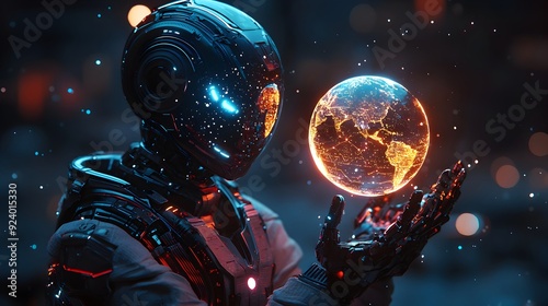 Fototapeta Naklejka Na Ścianę i Meble -  Robot Holding Earth.