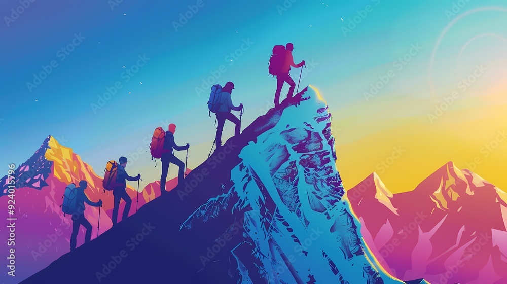 Fototapeta premium Silhouettes of hikers ascending a mountain peak under a vibrant sky.