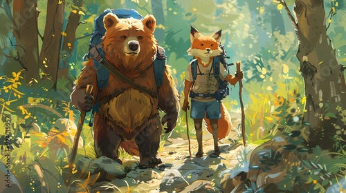 A bear and fox, wearing backpacks, hike through a forest on a dirt trail. photo