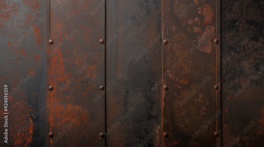 A collection of rusty metallic wall panels displays a blend of orange and dark hues with visible rivets, creating an aged and industrial aesthetic A collection of rusty metallic wall panels displays a blend of orange and dark hues with visible rivets, creating an aged and industrial aesthetic