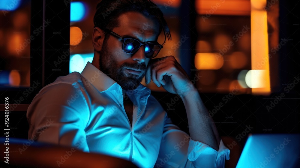 A man wearing sunglasses intently focuses on his laptop, illuminated by its blue light against a backdrop of vibrant city lights in the evening A man wearing sunglasses intently focuses on his laptop, illuminated by its blue light against a backdrop of vibrant city lights in the evening