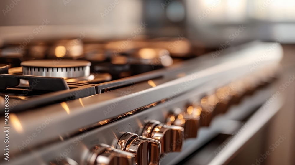 A sleek and modern gas stove with multiple burners, set in a contemporary kitchen, exemplifying efficiency and sophisticated design for culinary enthusiasts. A sleek and modern gas stove with multiple burners, set in a contemporary kitchen, exemplifying efficiency and sophisticated design for culinary enthusiasts.