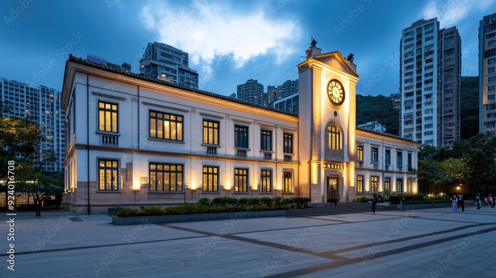 Fototapeta premium The warm glow of Chongqing Town Hall and an ancient clock tower illuminates the night as pedestrians stroll nearby under a dramatic sky