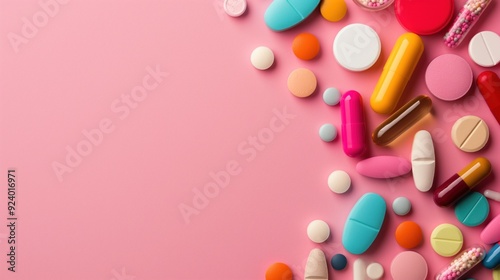 Colorful pills and capsules spread across a pink surface, showcasing a diverse collection of medications and supplements in a visually appealing layout