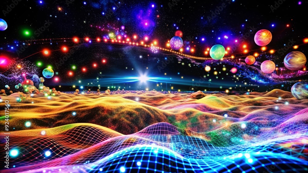 Fototapeta premium A vibrant and abstract image showcasing a colorful galaxy landscape with glowing lights, stars, and a futuristic grid pattern. It symbolizes imagination, creativity, space exploration, and the interco