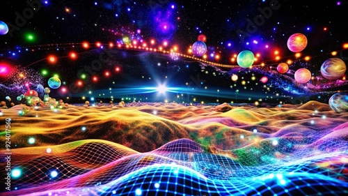 A vibrant and abstract image showcasing a colorful galaxy landscape with glowing lights, stars, and a futuristic grid pattern. It symbolizes imagination, creativity, space exploration, and the interco photo