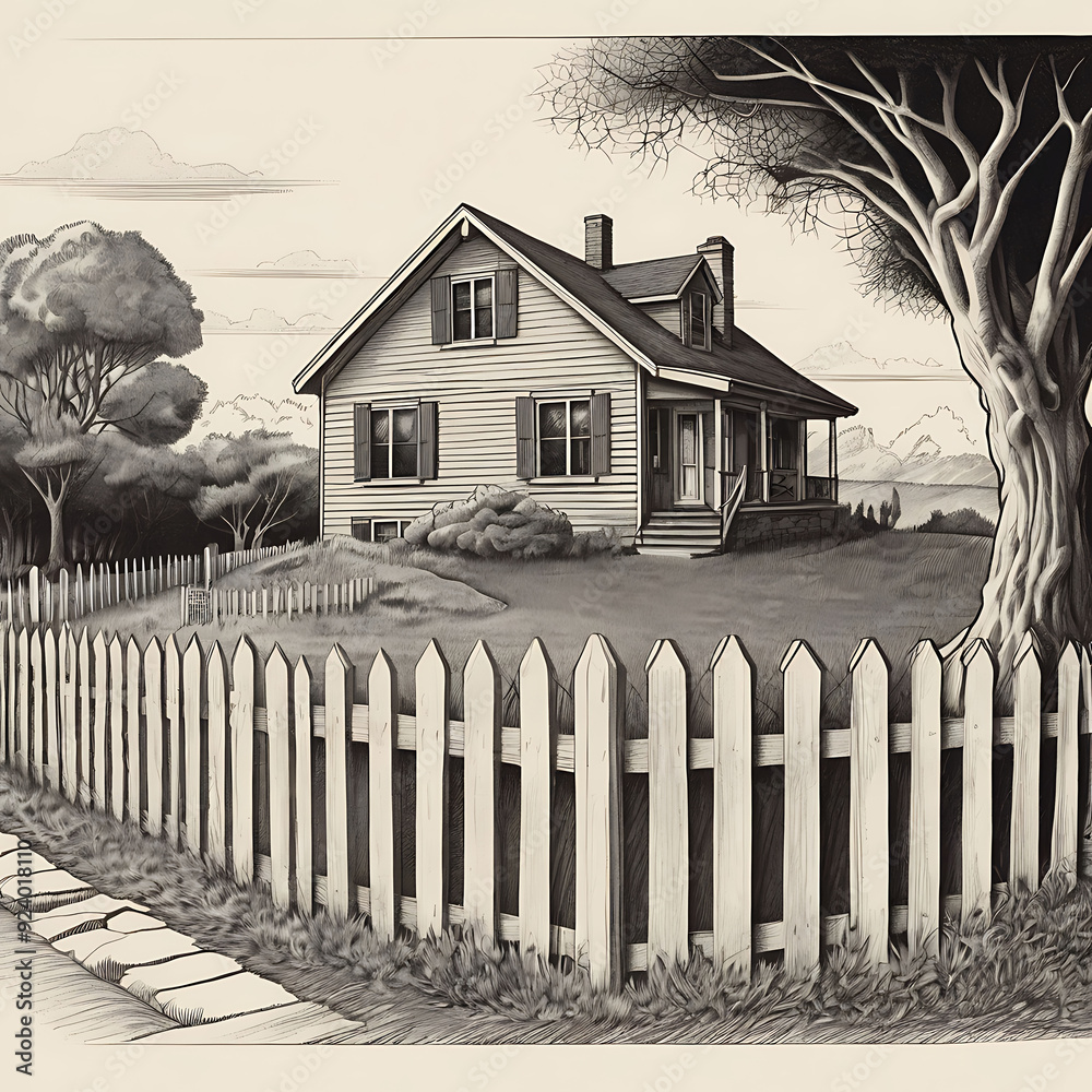 A drawing of a house with a fence in the background A drawing of a house with a fence in the background