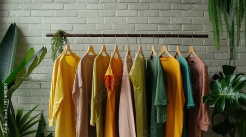 A variety of casual clothing in vibrant colors hangs neatly on a wooden rack, set against a light brick wall and surrounded by lush indoor plants photo