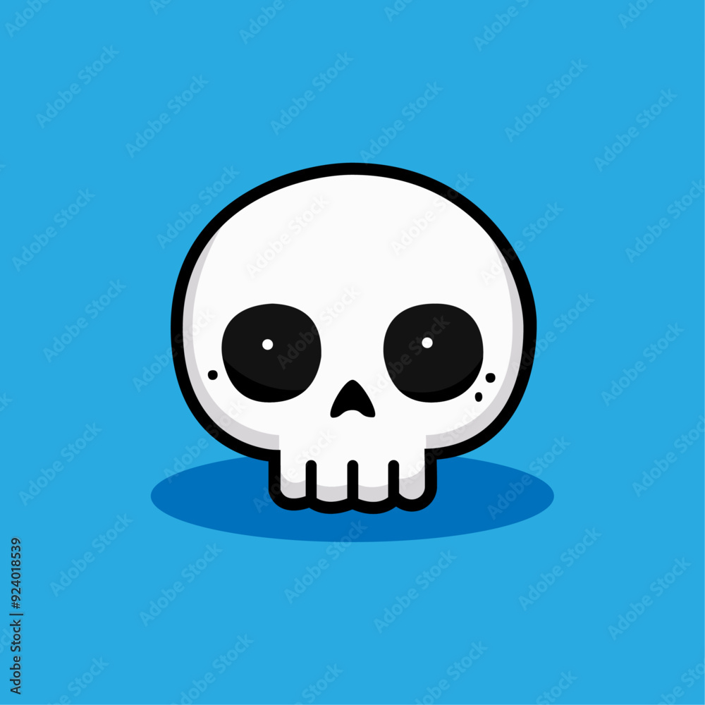 A minimalist, cartoon-style skull with large black eyes and simple detailing is centered against a bright blue background. A minimalist, cartoon-style skull with large black eyes and simple detailing is centered against a bright blue background.