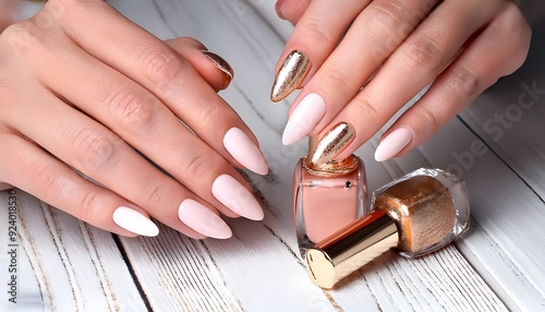 Elegant Rose Gold and Pink Manicure with Luxury Nail Polish Bottles. nails finger.