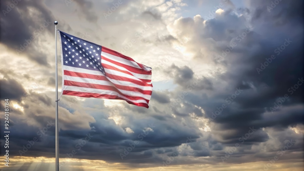 A vibrant American flag waves proudly against a backdrop of dramatic clouds, symbolizing freedom, strength, and resilience. A vibrant American flag waves proudly against a backdrop of dramatic clouds, symbolizing freedom, strength, and resilience.