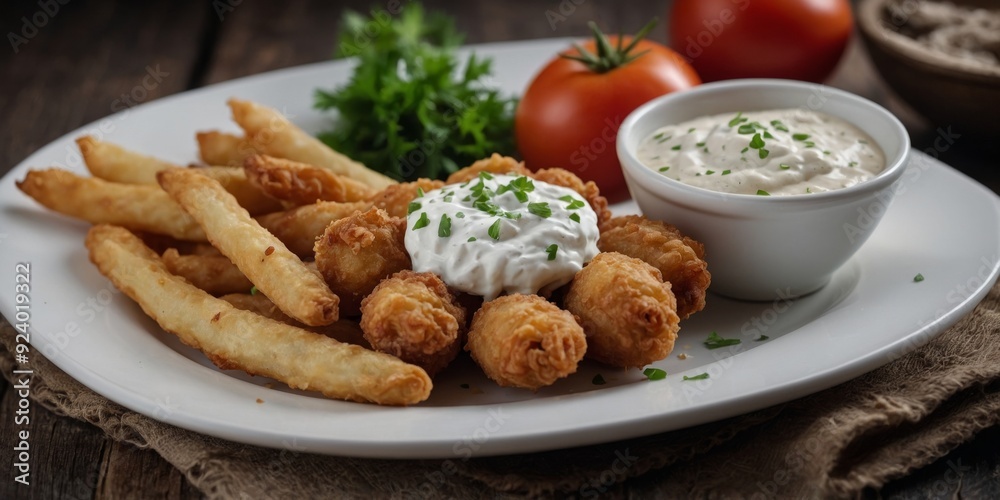 Fried bamia with sour cream sauce, a Mediterranean delight. Fried bamia with sour cream sauce, a Mediterranean delight.