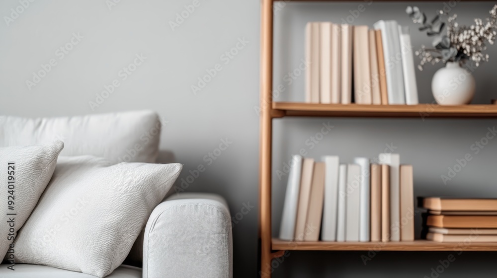 A cozy and comfortable living room setting featuring a soft white sofa adorned with pillows and a wooden bookshelf filled with neatly arranged books and a decorative vase. A cozy and comfortable living room setting featuring a soft white sofa adorned with pillows and a wooden bookshelf filled with neatly arranged books and a decorative vase.