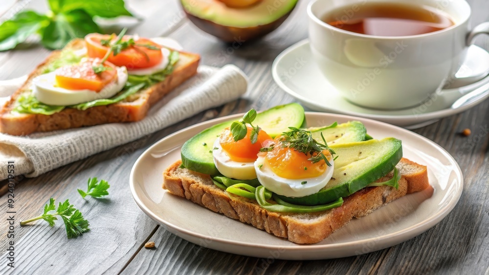 Light breakfast with green tea, toast, egg, avocado, and salmon on a restaurant table, healthy, nutritious, food Light breakfast with green tea, toast, egg, avocado, and salmon on a restaurant table, healthy, nutritious, food