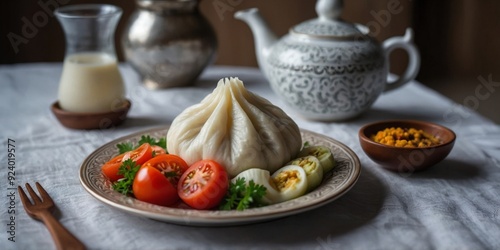 Traditional Georgian khinkali, beautifully presented on a plate. photo