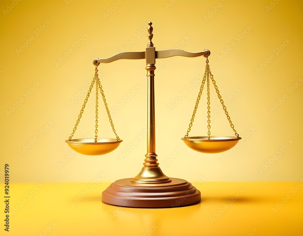 A golden scale of justice on a yellow background, symbolizing law, fairness, and balance A golden scale of justice on a yellow background, symbolizing law, fairness, and balance