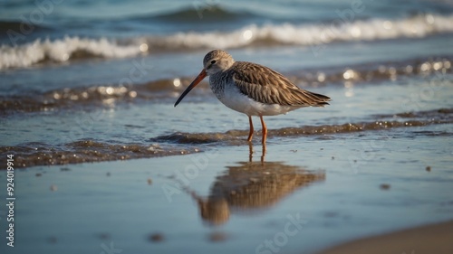 Two shorebirds wading in shallow water along the beach. photo