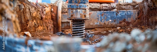 Close-up of a pit entrance with a shaft for horizontal directional drilling technology, featuring a drilling machine setting up utilities in urban and industrial environments. photo