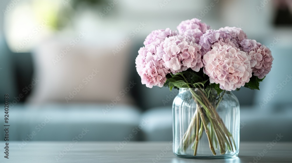 A delicate bouquet of pink hydrangeas arranged in a clear glass vase sits gracefully on a table, providing an elegant and calming focal point for any room. A delicate bouquet of pink hydrangeas arranged in a clear glass vase sits gracefully on a table, providing an elegant and calming focal point for any room.