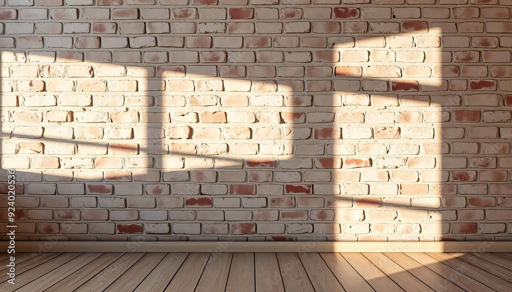 Obraz premium A brick wall with a wooden floor in the foreground, with shadows cast on the wall from an unseen light source