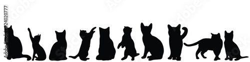 A row of black and white cats are sitting in a line, cat poses silhouette, cats silhouette