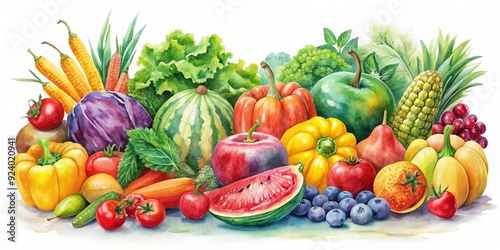 Watercolor of a collection of colorful and vibrant fruits and vegetables, watercolor, food, fruits, vegetables, painting, artistic